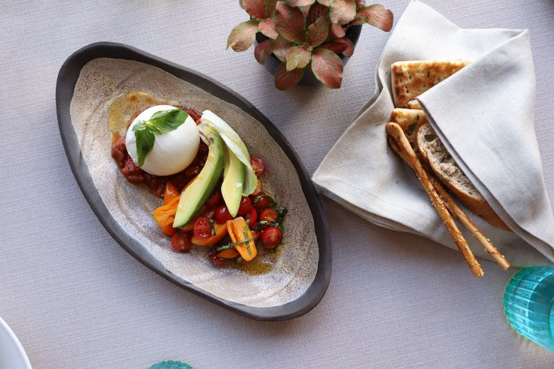 Burrata bruschetta with fresh tomatoes on toasted bread